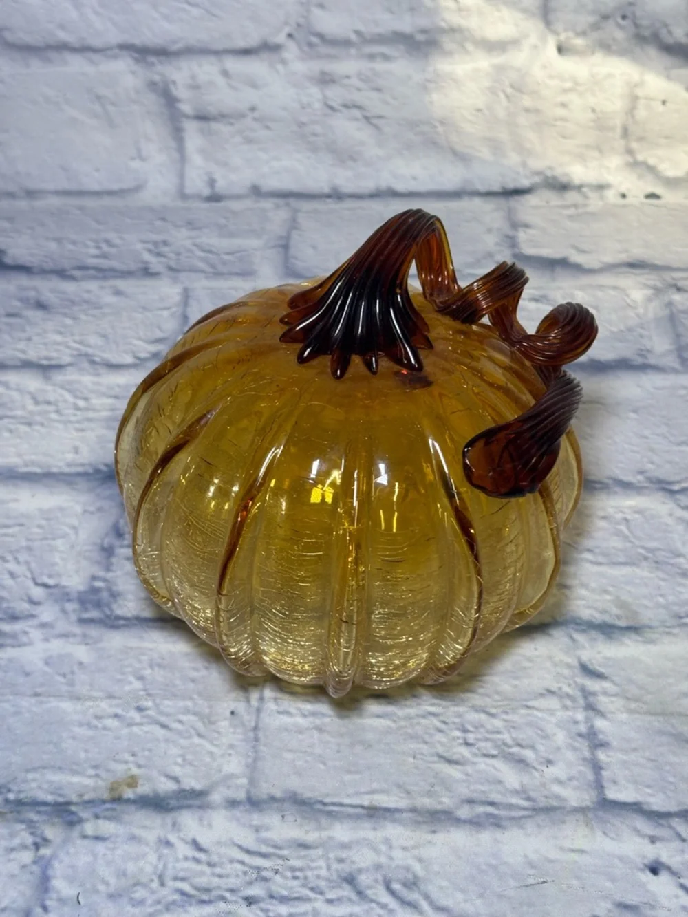Glass Amber Pumpkin Hand Blown Crackle Finish Thanksgiving Curly Steam Pier One